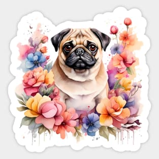 A pug decorated with beautiful watercolor flowers Sticker